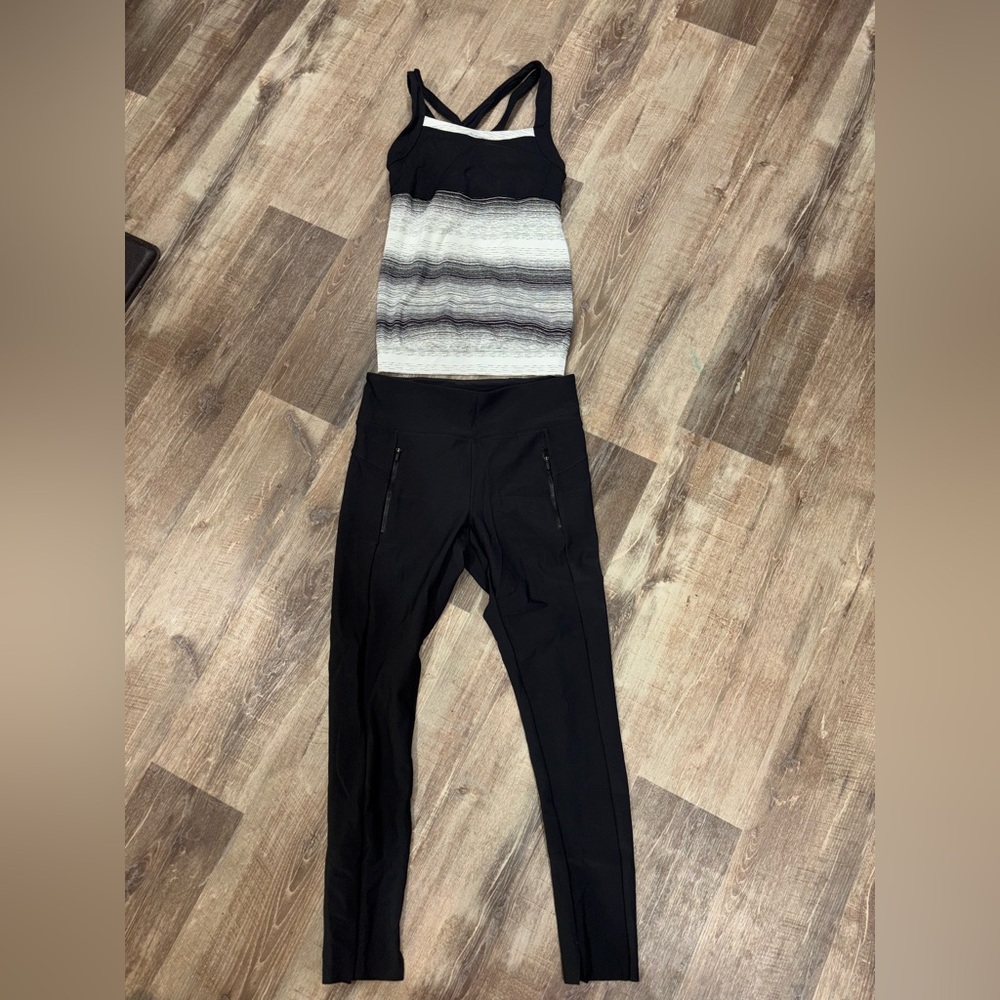 Athleta Black and Gray Striped Tank with Black Leggings Set